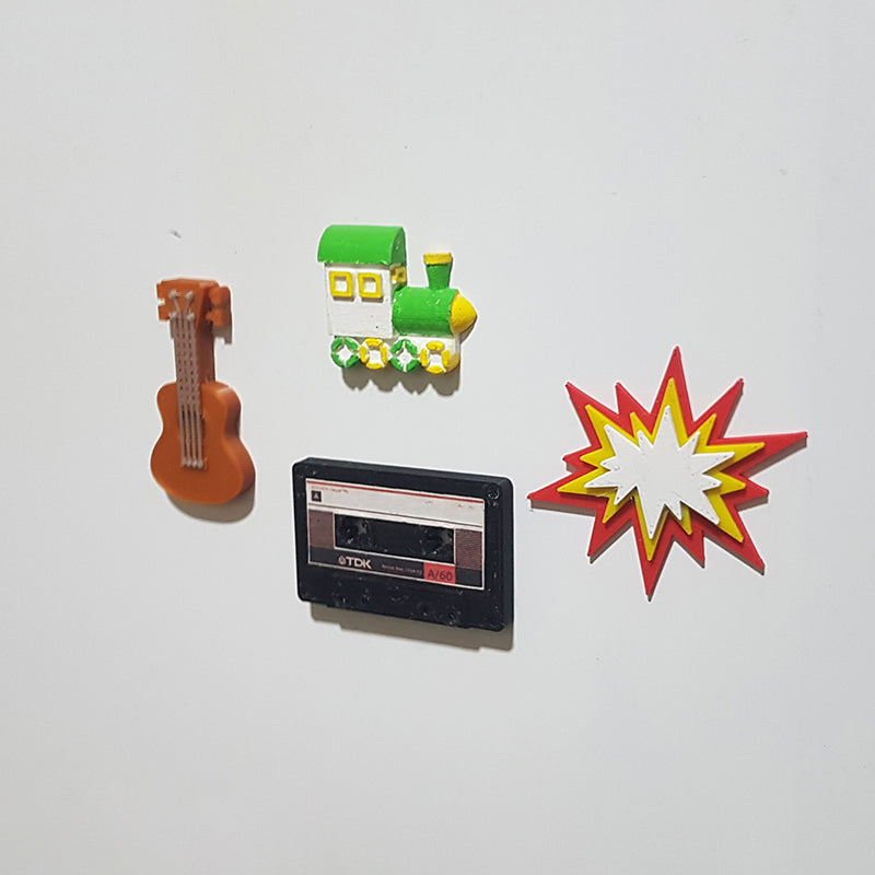 Hand Painted Train and Guitar Fridge Magnets with Cassette Template