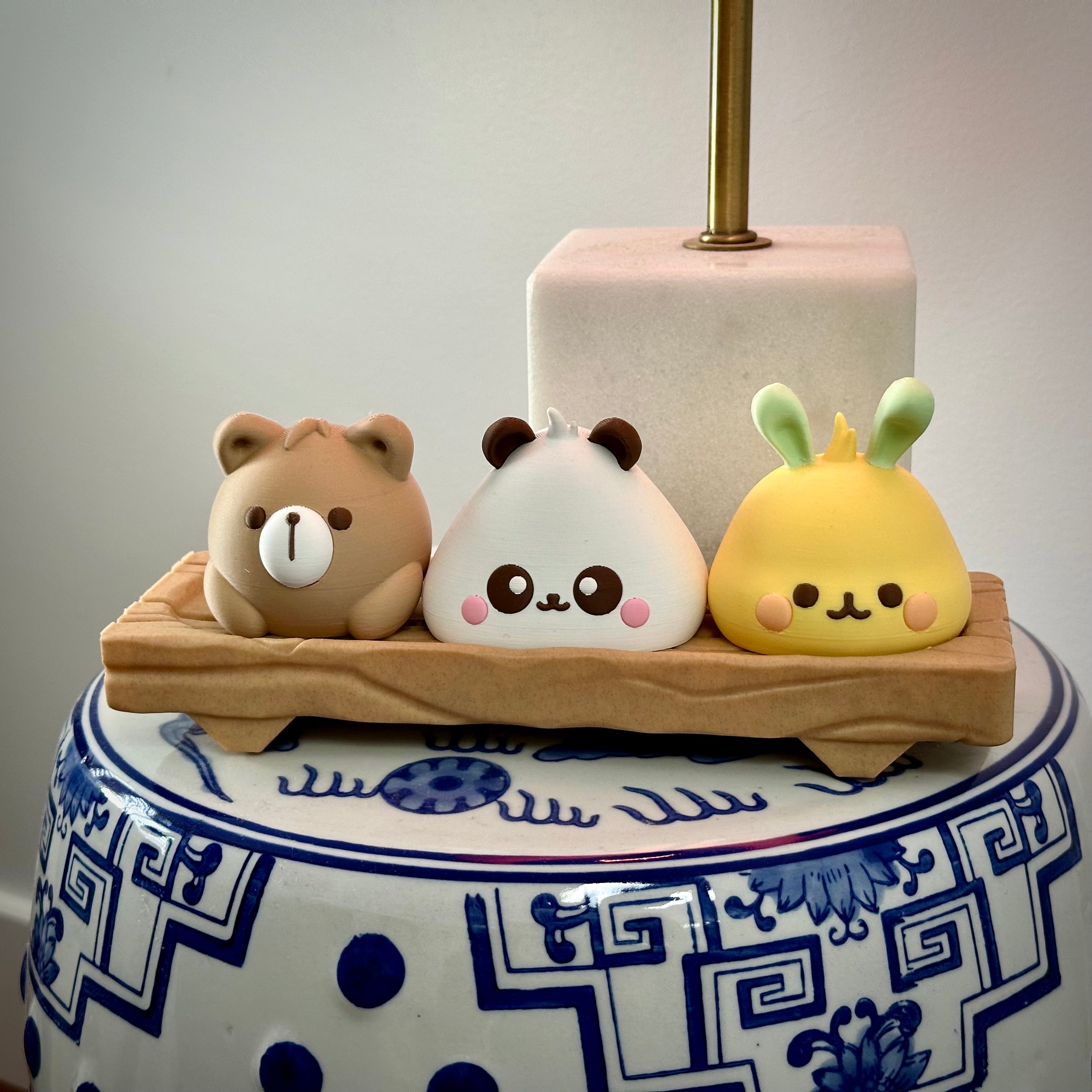 Kawaii Animal Bao Figures on Wooden Block