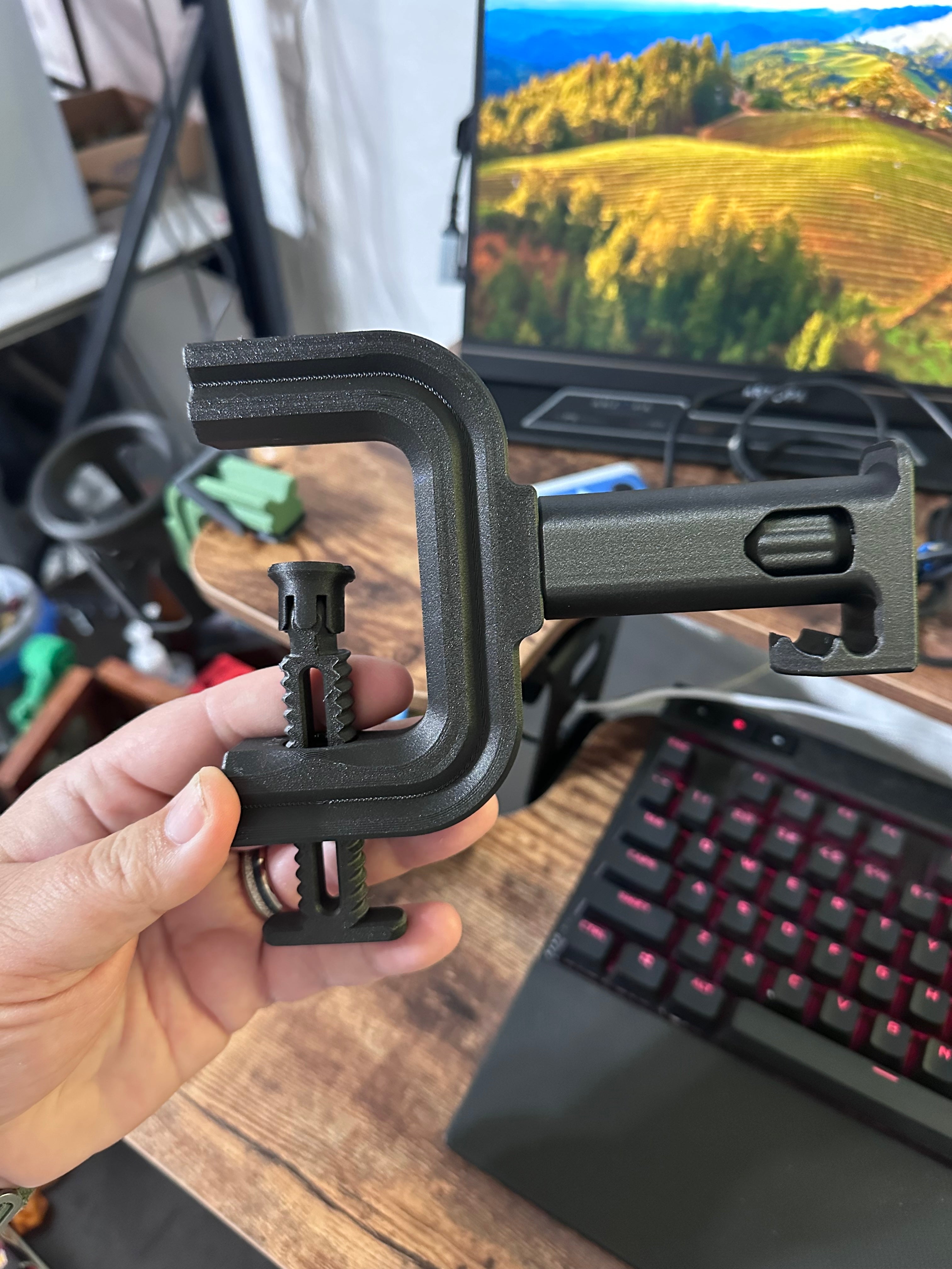 Modular Desk Clamp System with Spool Holder, Cup Holder & Headphone Stand