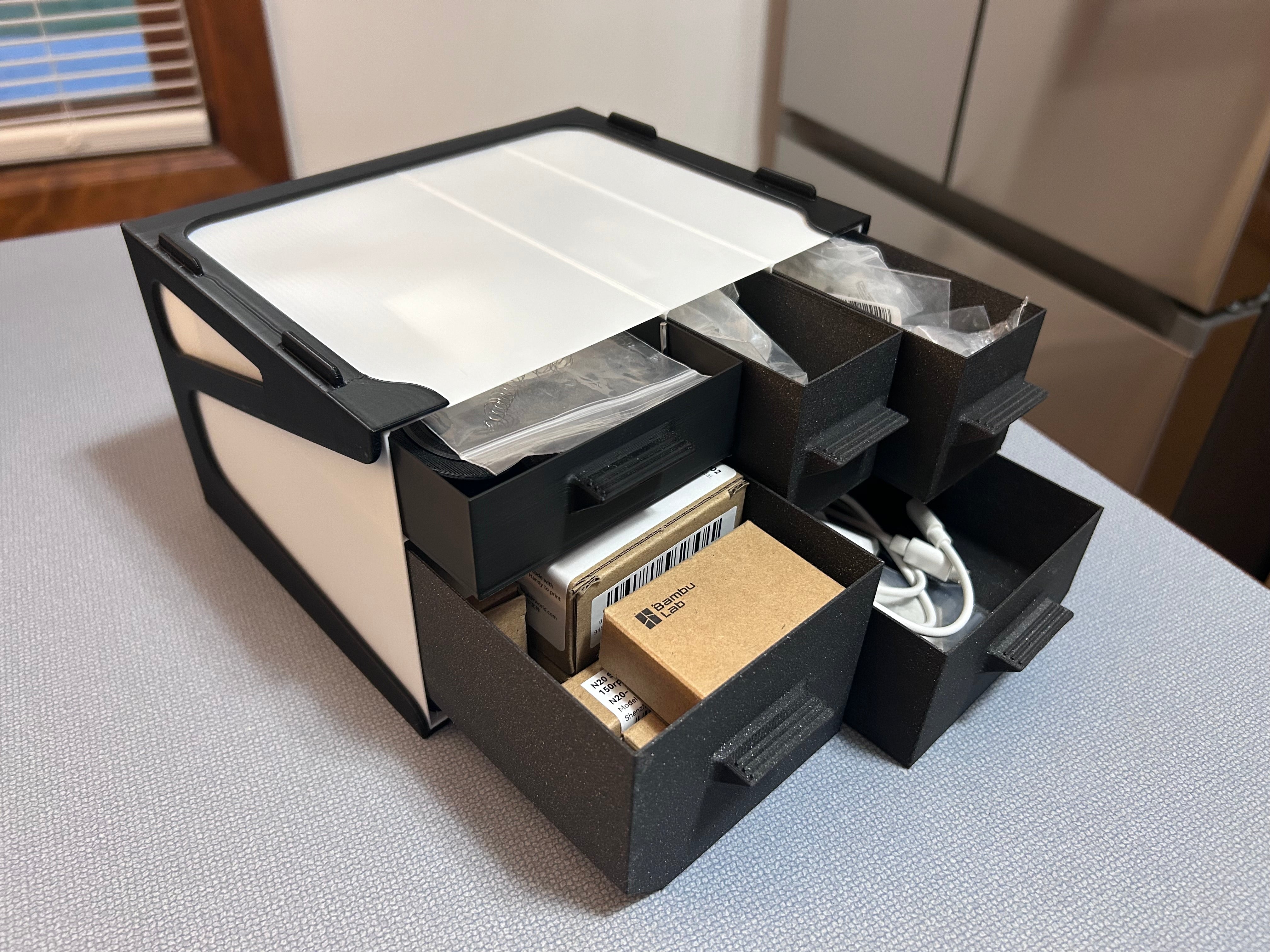 Stapling drawer system - Stackable shelf organiser