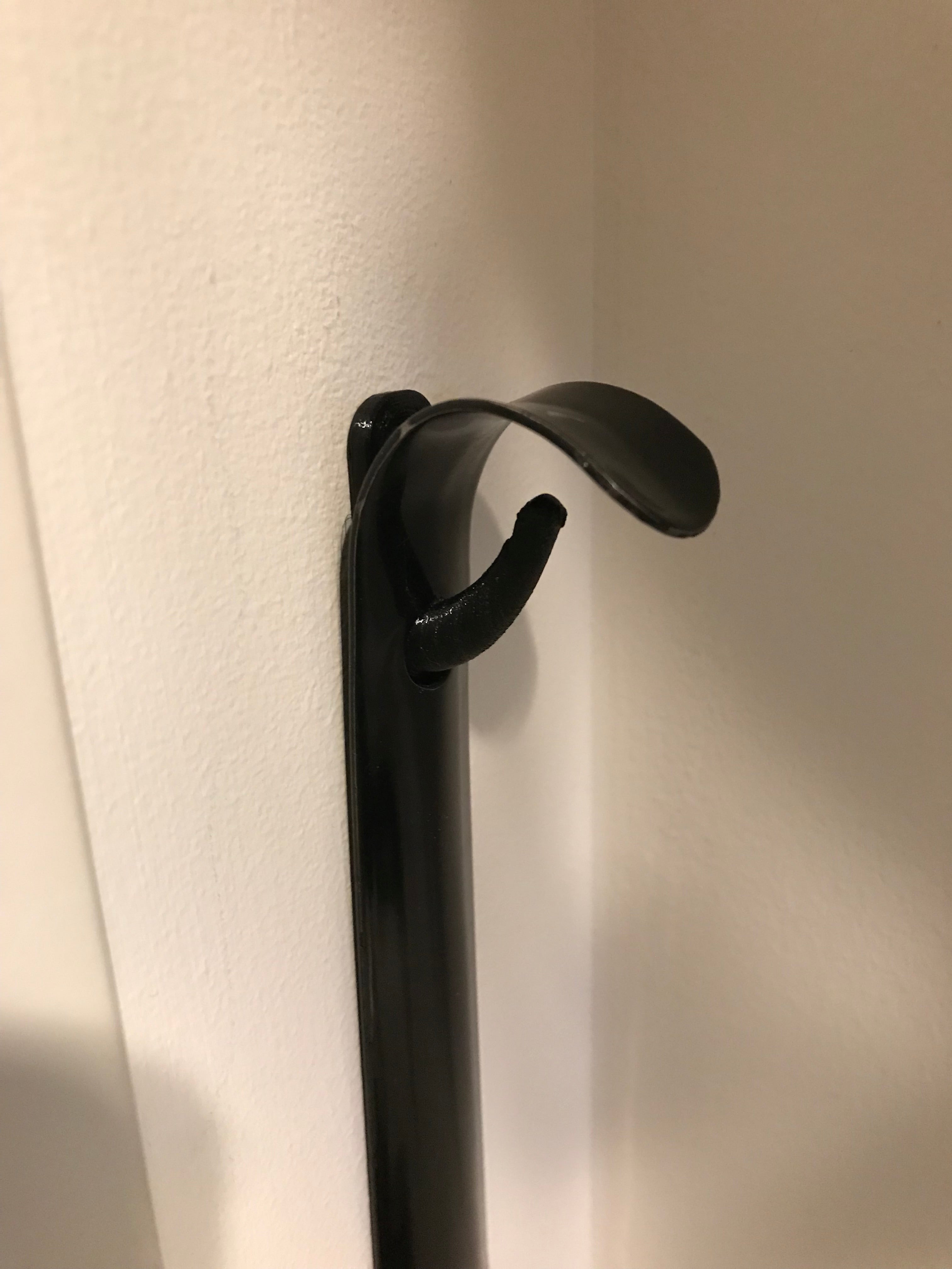 Wall-mounted hook for clothes and shoe horn