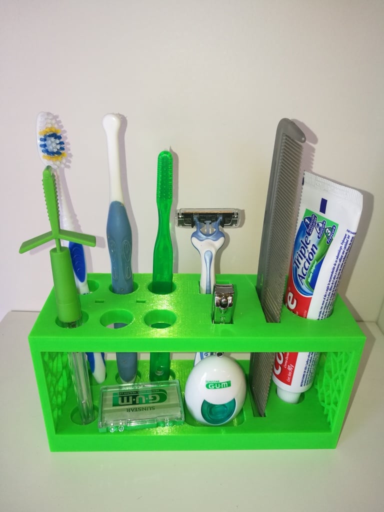Bathroom organizer with space for 6 toothbrushes and various accessories