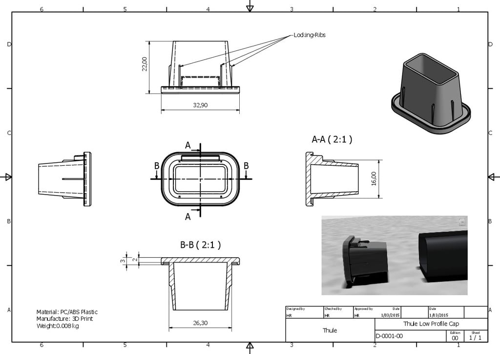 Low Profile End Cap for Thule Square Load Beam
