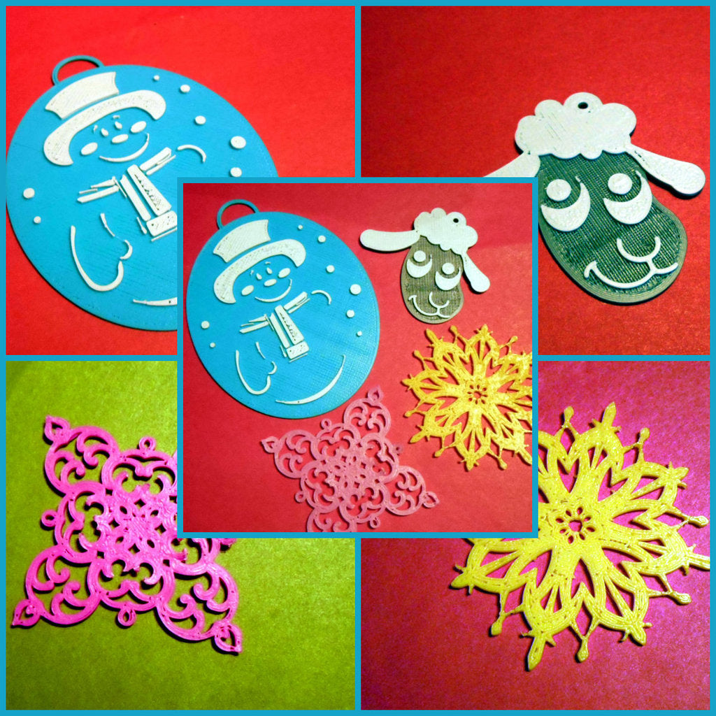 Christmas decorations: Snowman and lamb toys, yellow and pink snowflakes