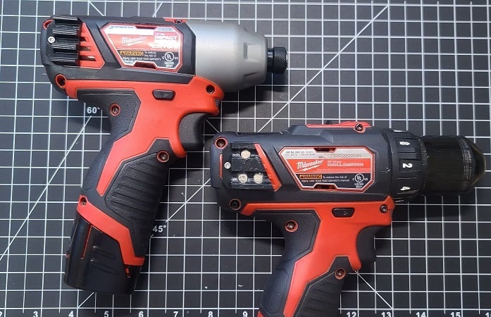 Milwaukee M12 drill with hex bit and magnetic drill bit holder