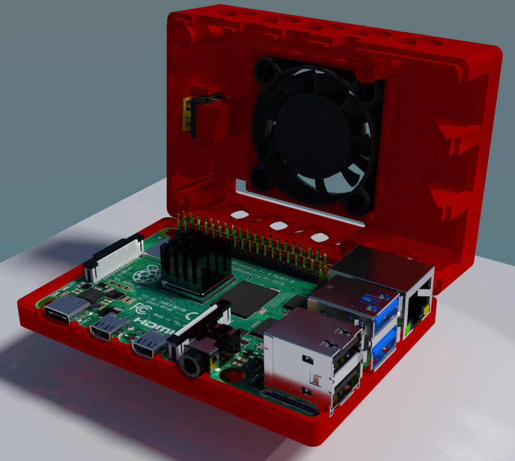 Raspberry Pi 4 enclosure with button and fan