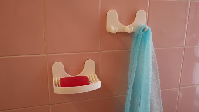 Bathroom set with wall hooks and soap holder